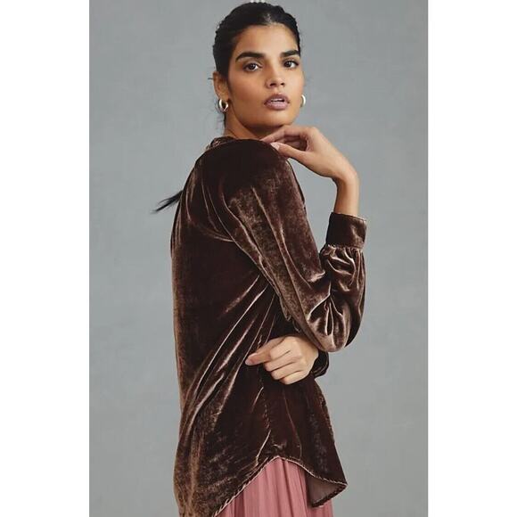 Anthropologie Pilcro Crushed Velvet Femme Buttondown Shirt Cocoa sz XXSP Brown - Picture 3 of 16